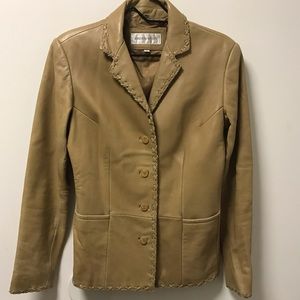 Beautiful Tan Soft Leather Braided Trim Accented Button Down Jacket!